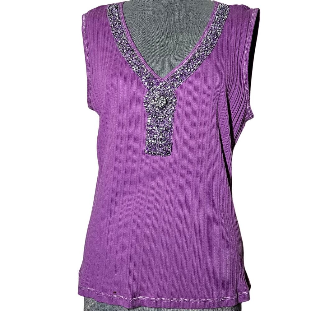 Purple Beaded Neckline Sleeveless Top Size Large